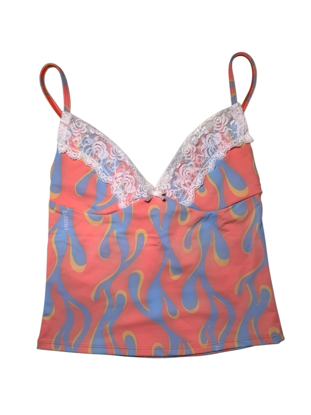Omighty Flame Print Lace Trim Cami Tank Top Orange Blue Small y2k